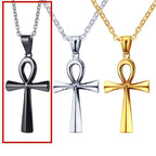 Titanium Steel Ankh Cross Pendant Necklace silver finish on black background view 4