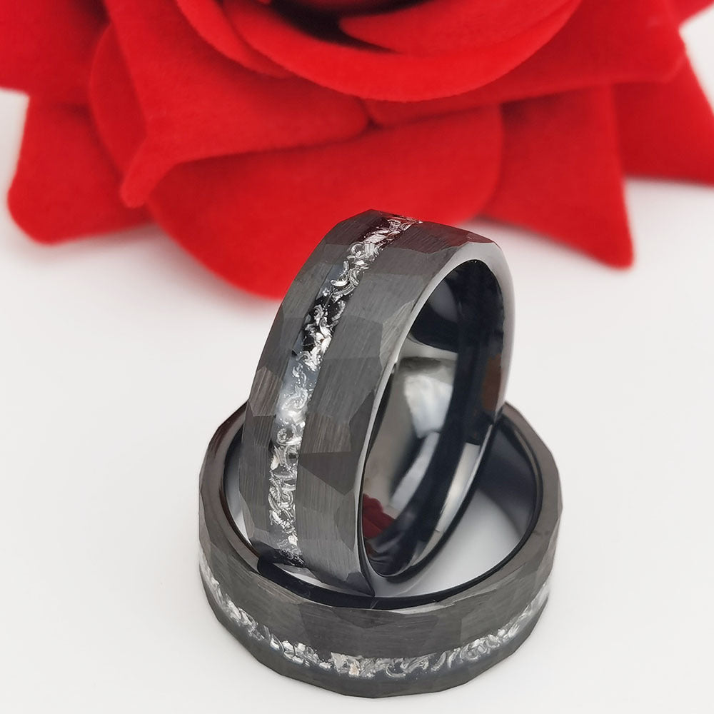 8mm Black Tungsten Carbide Faceted Inlay Ring, faceted black, crushed metal inlay view 3