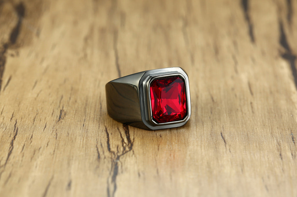 Geometric Red Gemstone Stainless Steel Ring - gold and black rings view 5