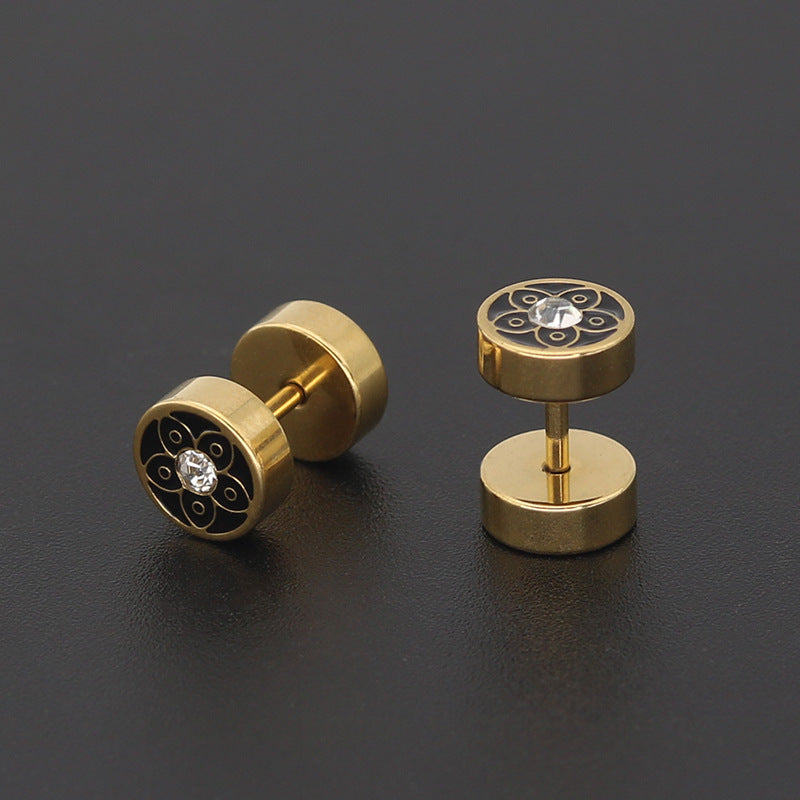 Barbell Stud Earrings with Inlay - Gold-tone geometric floral stud