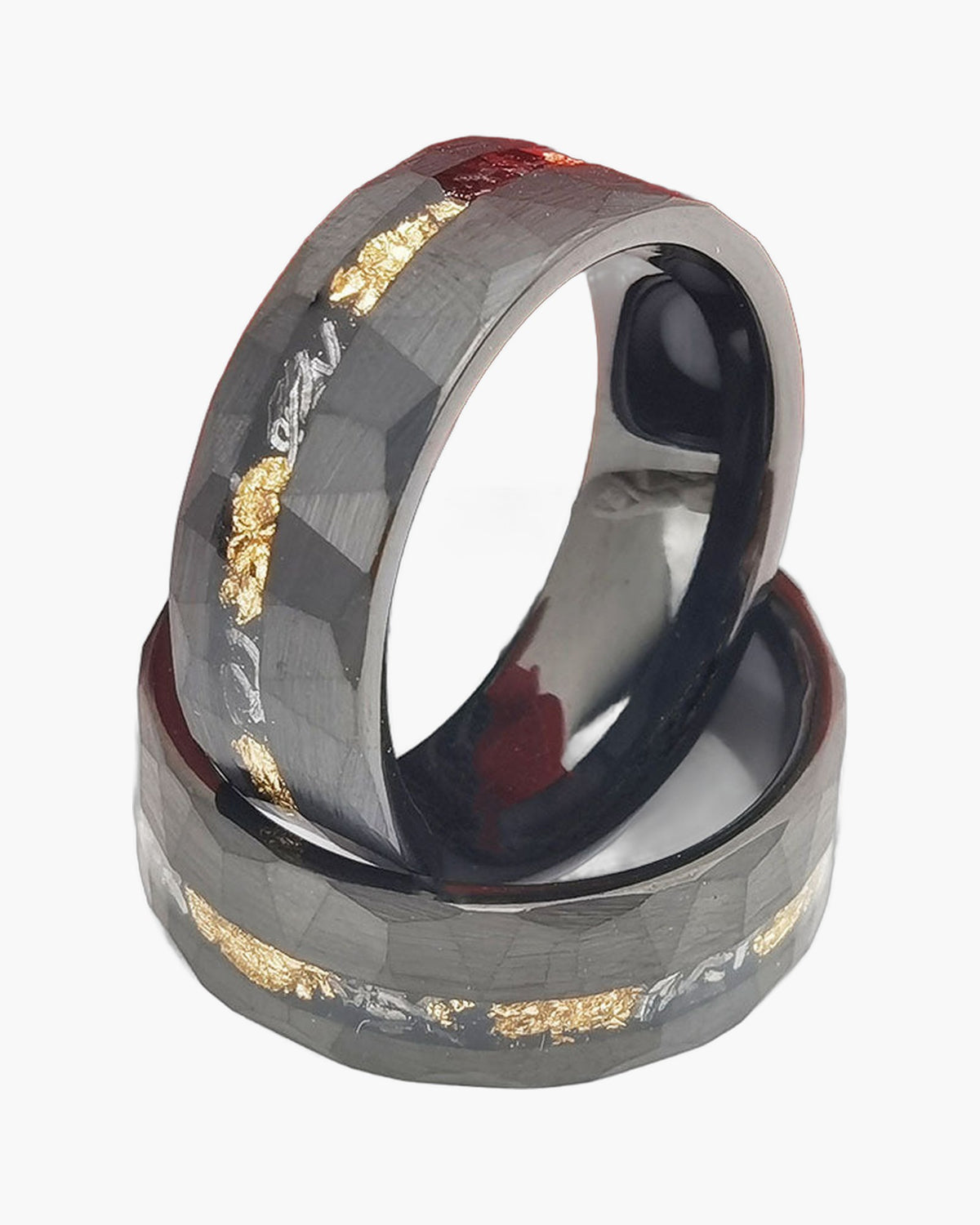 Black Faceted Tungsten Carbide Gold Flake Ring close up view 3