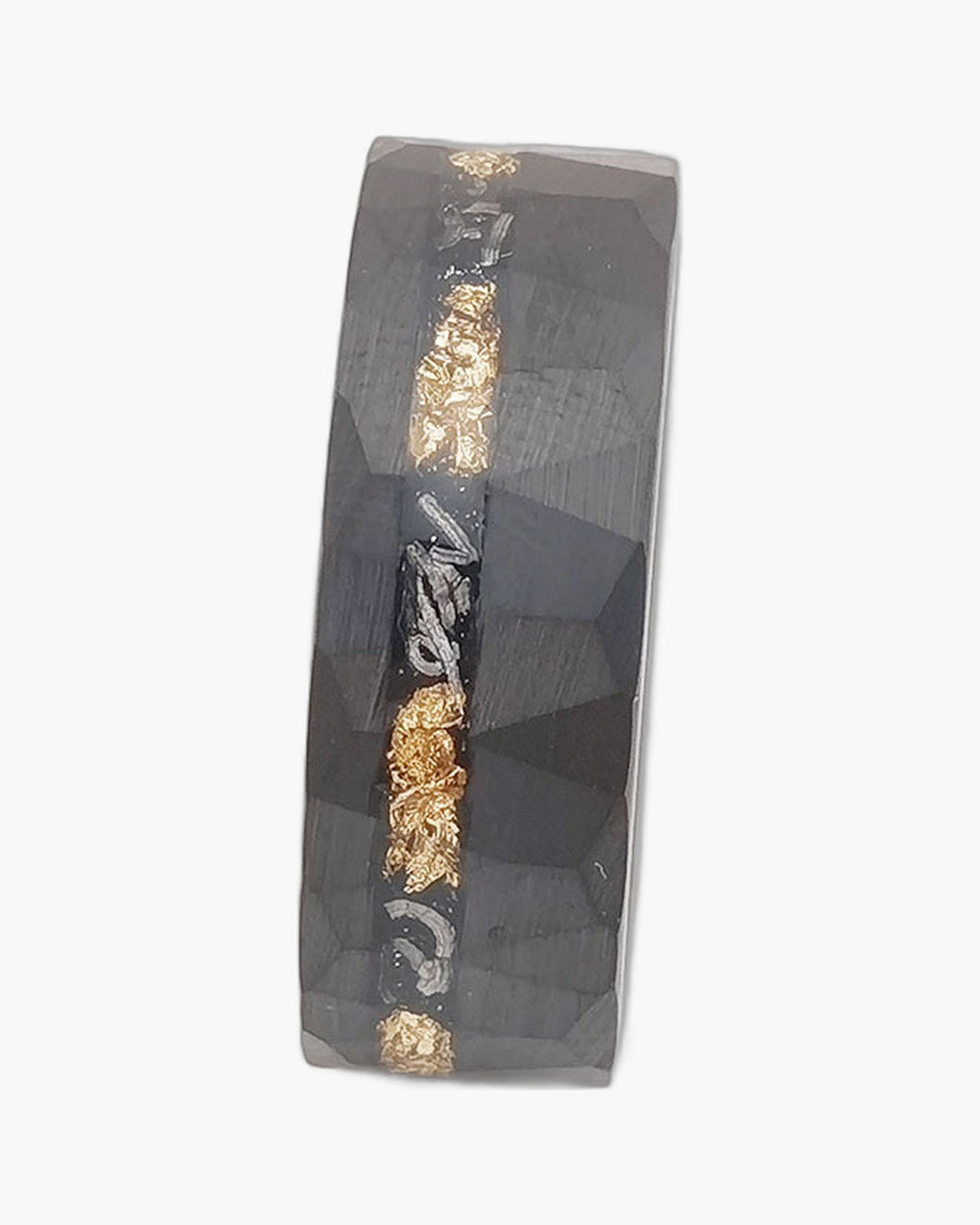 Black Faceted Tungsten Carbide Gold Flake Ring close up view 2