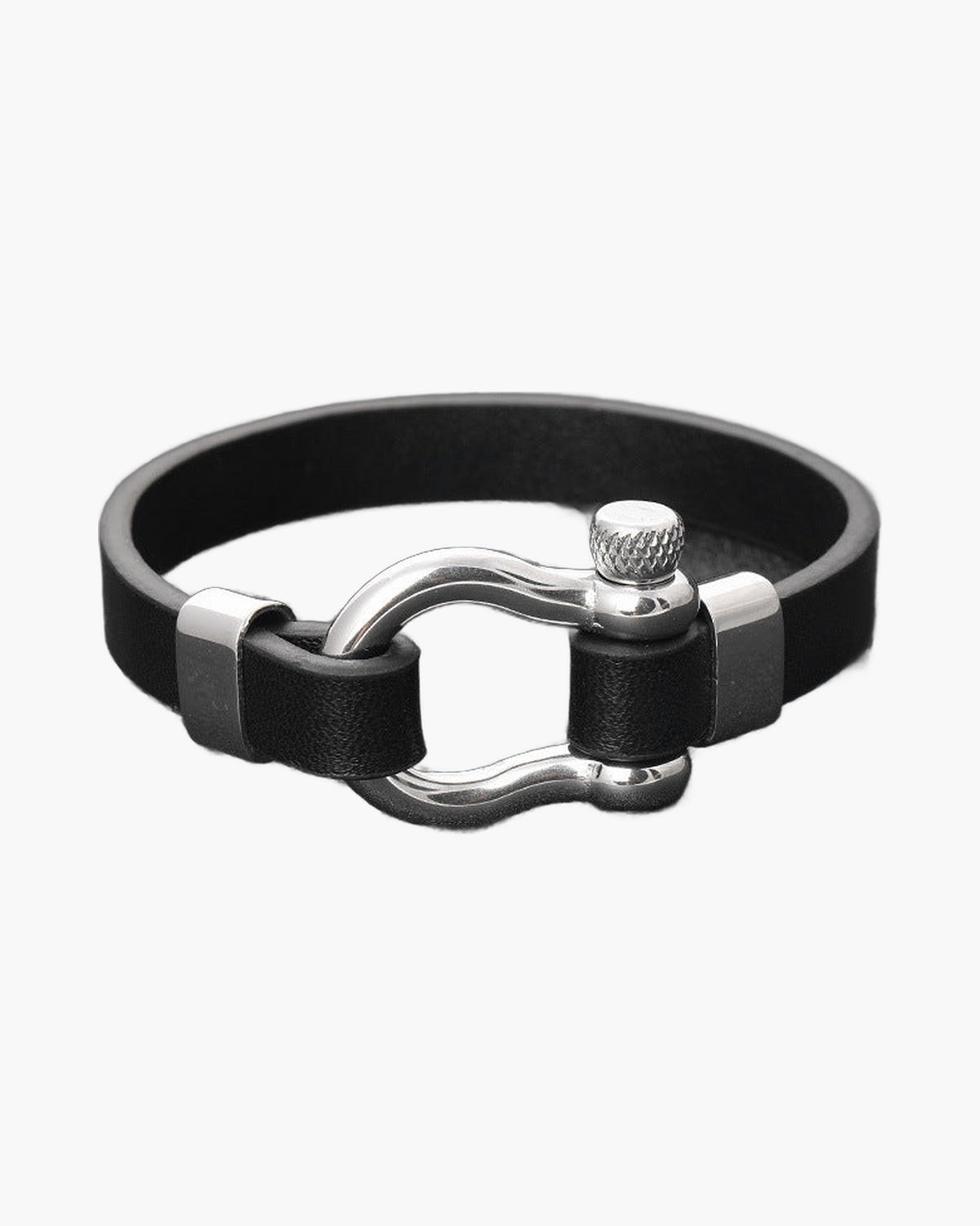 Black Leather Shackle Bracelet with black finish titanium steel clasp view 2