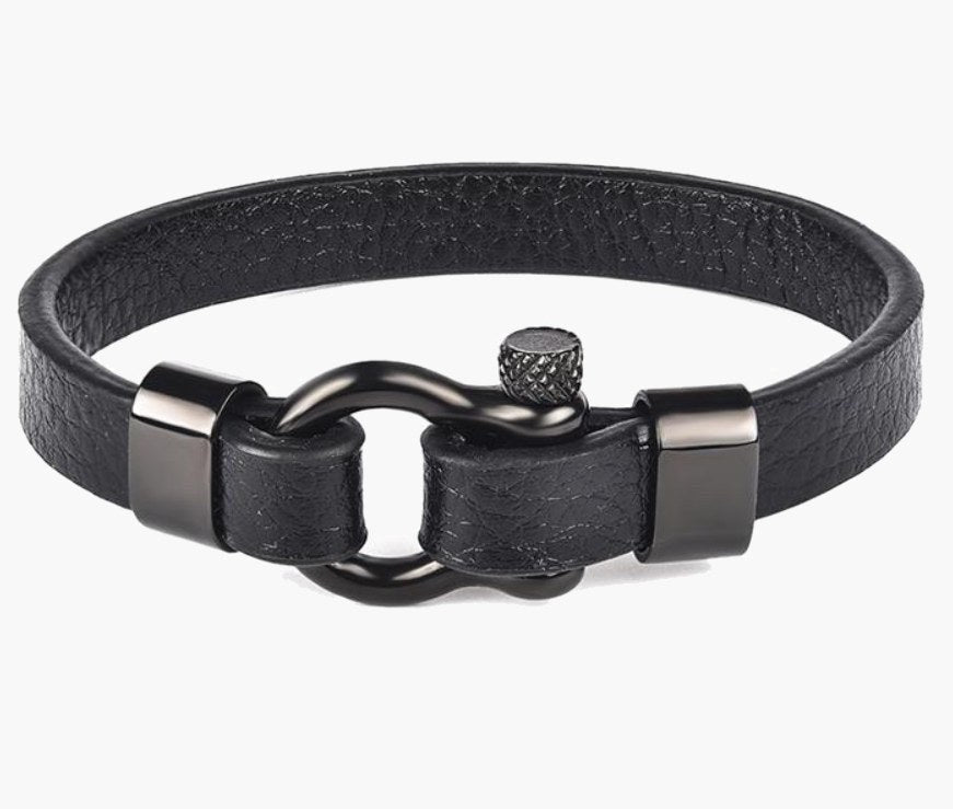 Black Leather Shackle Bracelet with black finish titanium steel clasp view 4