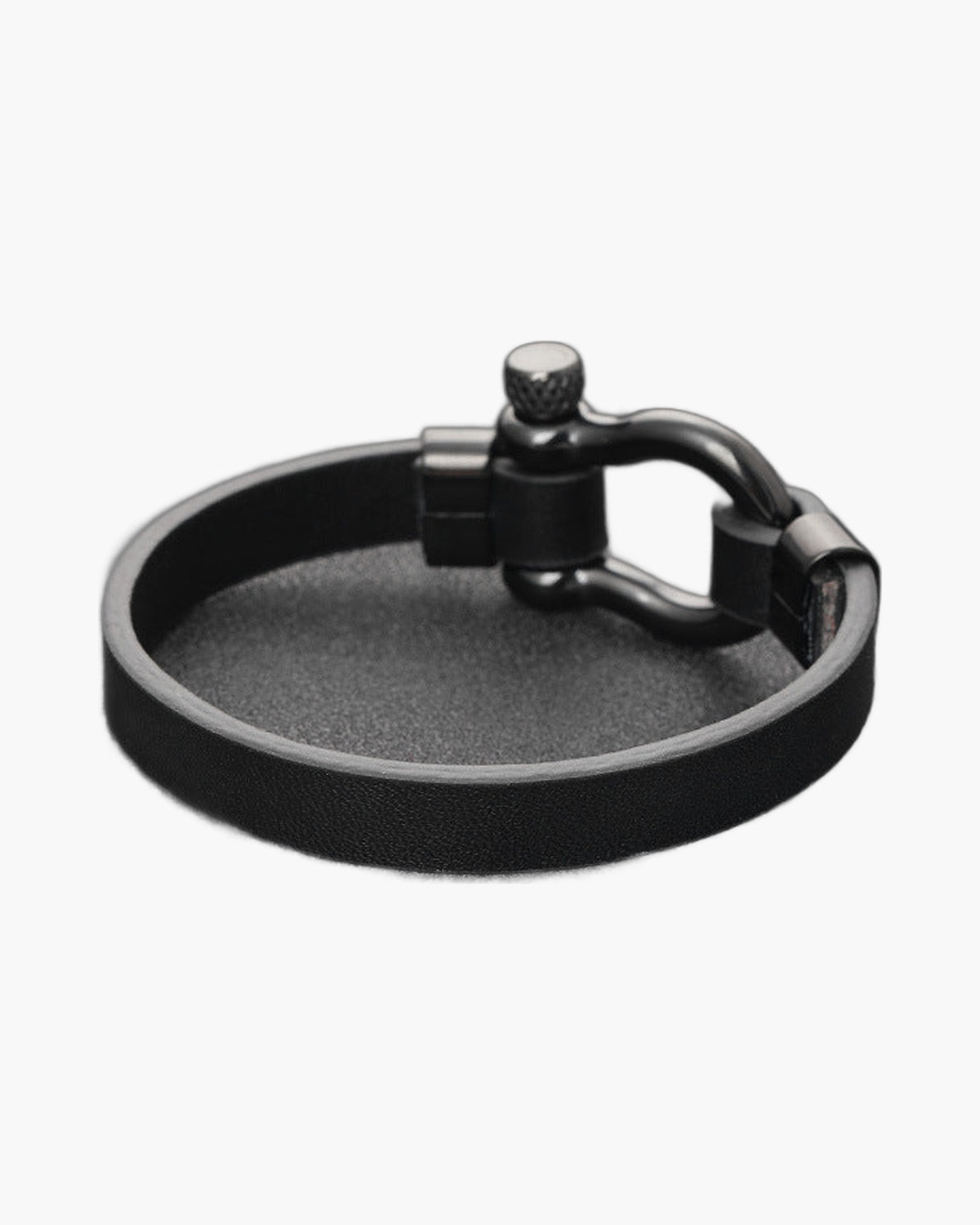 Black Leather Shackle Bracelet with black finish titanium steel clasp view 3