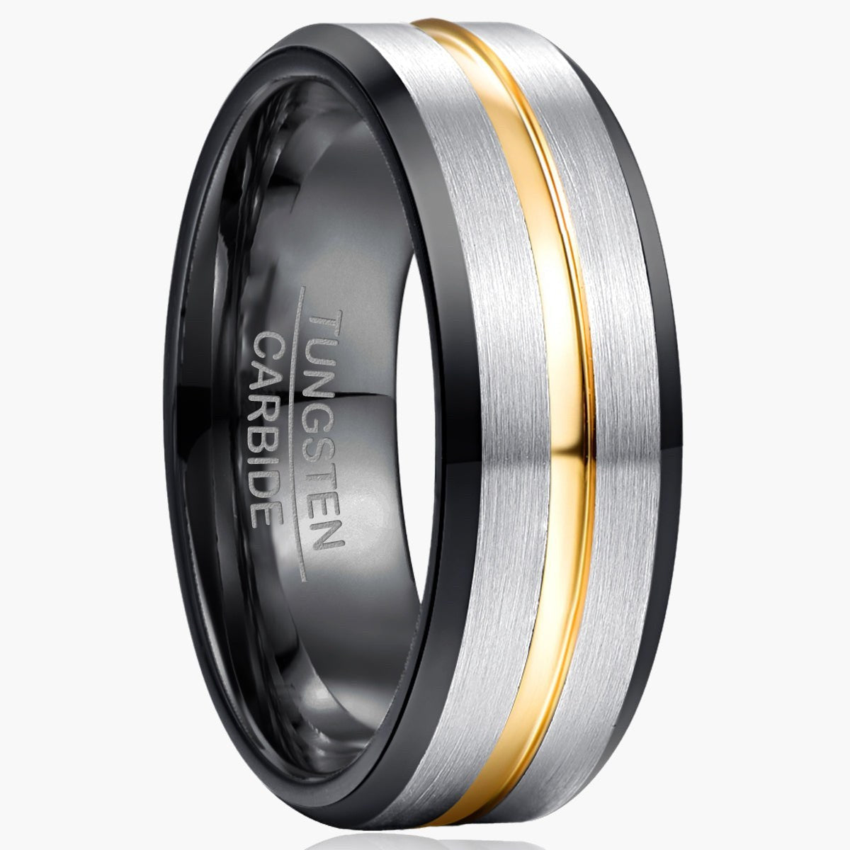 Black Tungsten Carbide Gold Inlay Ring on a white background view 2