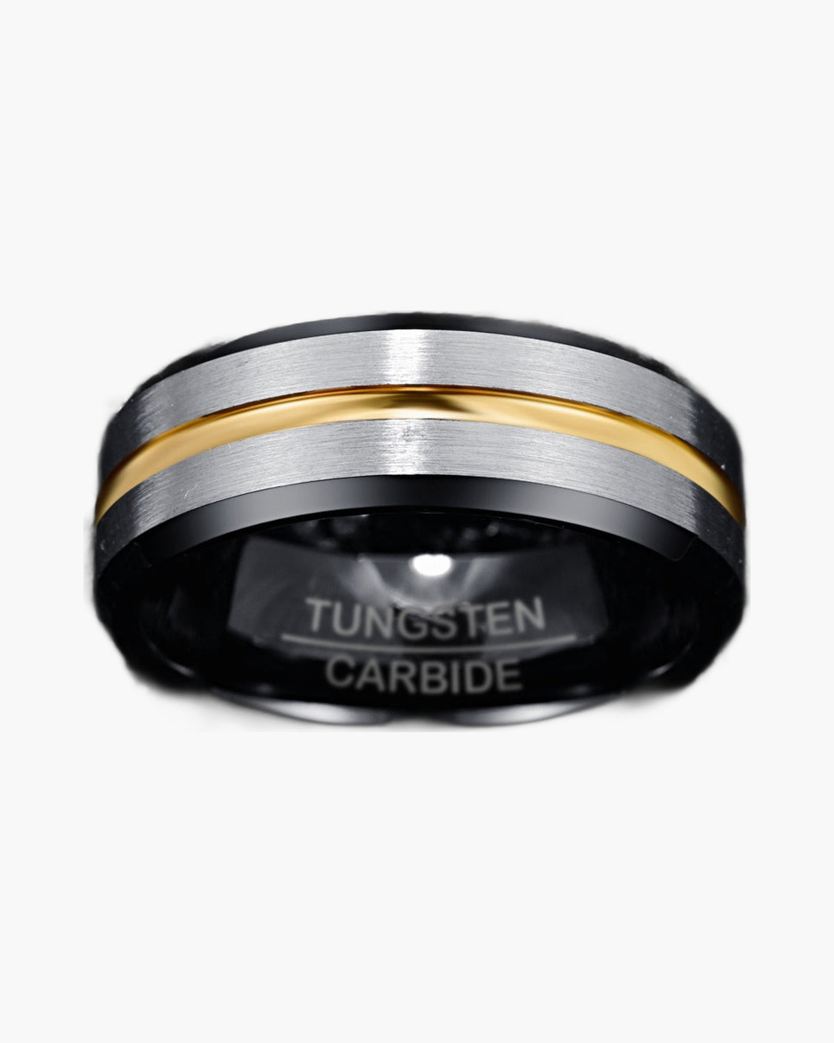 Black Tungsten Carbide Gold Inlay Ring on a white background view 3