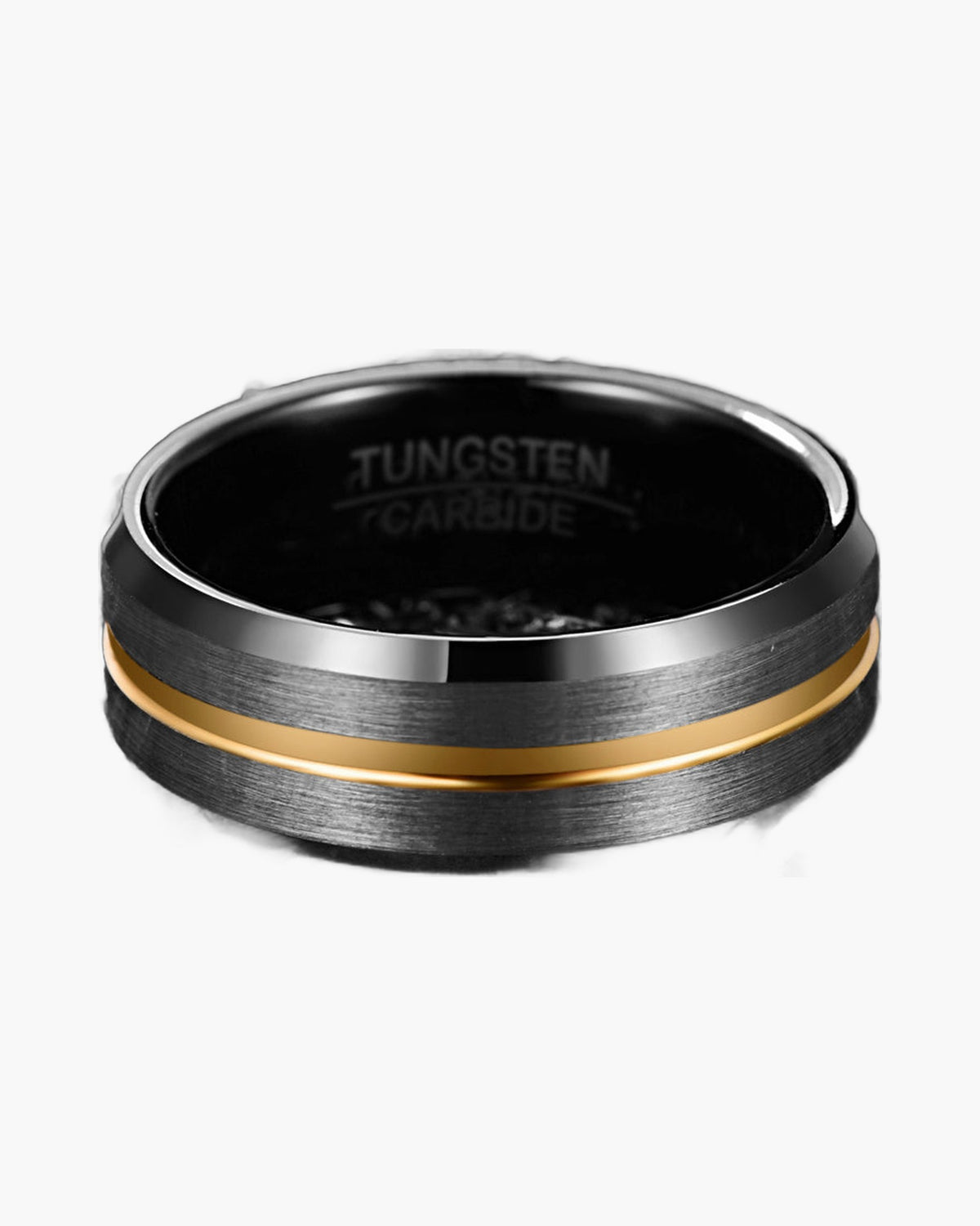 Black Tungsten Carbide Gold Inlay Ring on a white background view 4