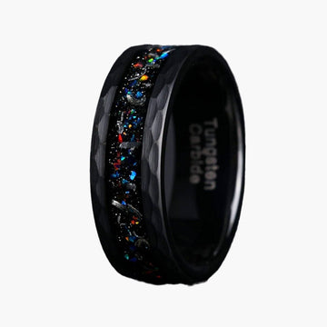The Black Hammered Crushed Opal Ring in Tungsten Carbide