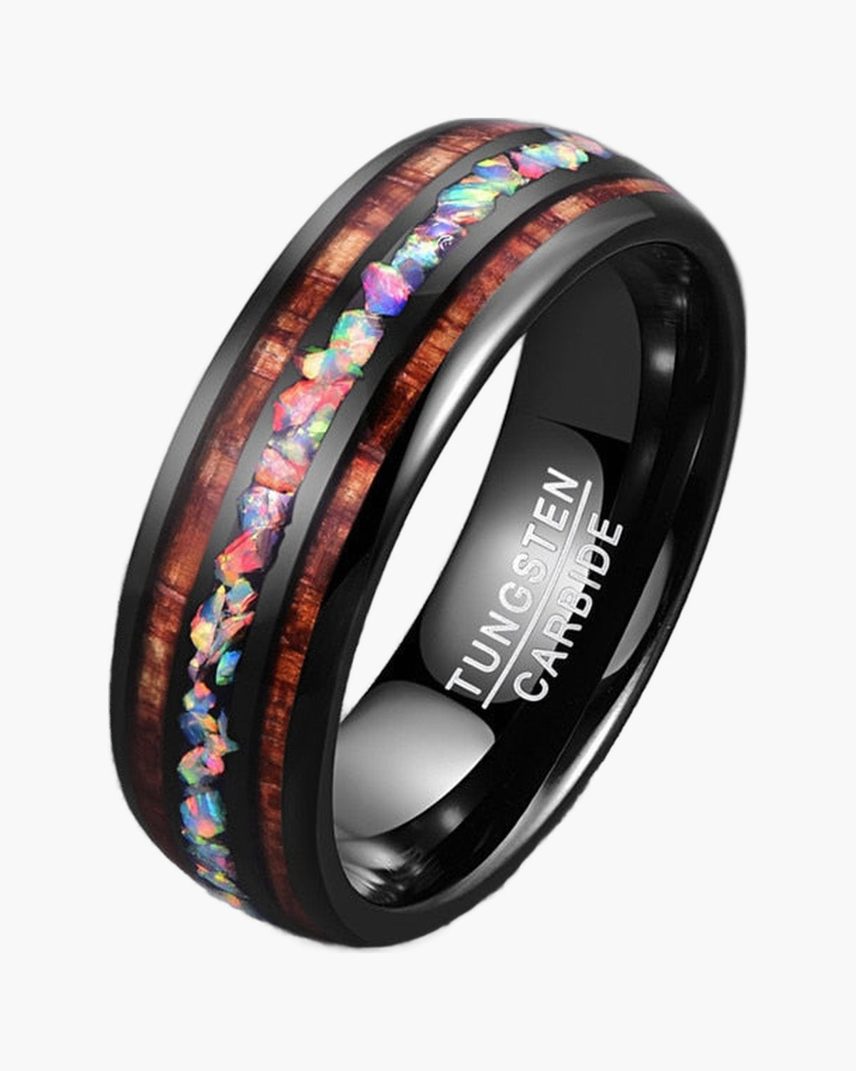 Black Tungsten Carbide Wood Opal Band - front view view 2