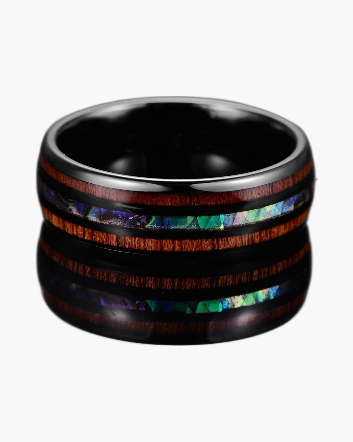 Black Tungsten Wood Abalone Band ring with wood and abalone shell inlay view 2