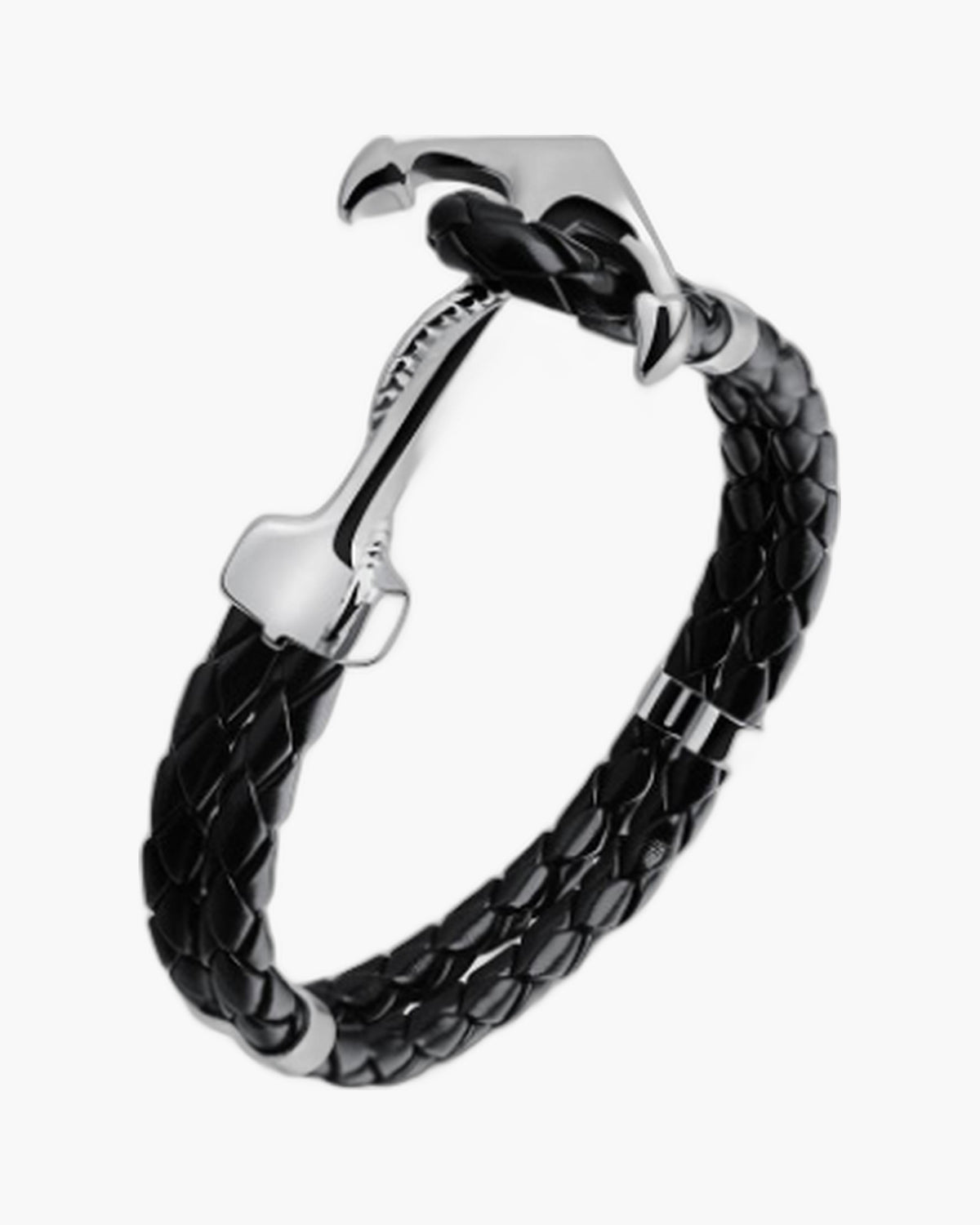 Braided Leather Anchor Hook Bracelet, black leather with silver-tone clasp