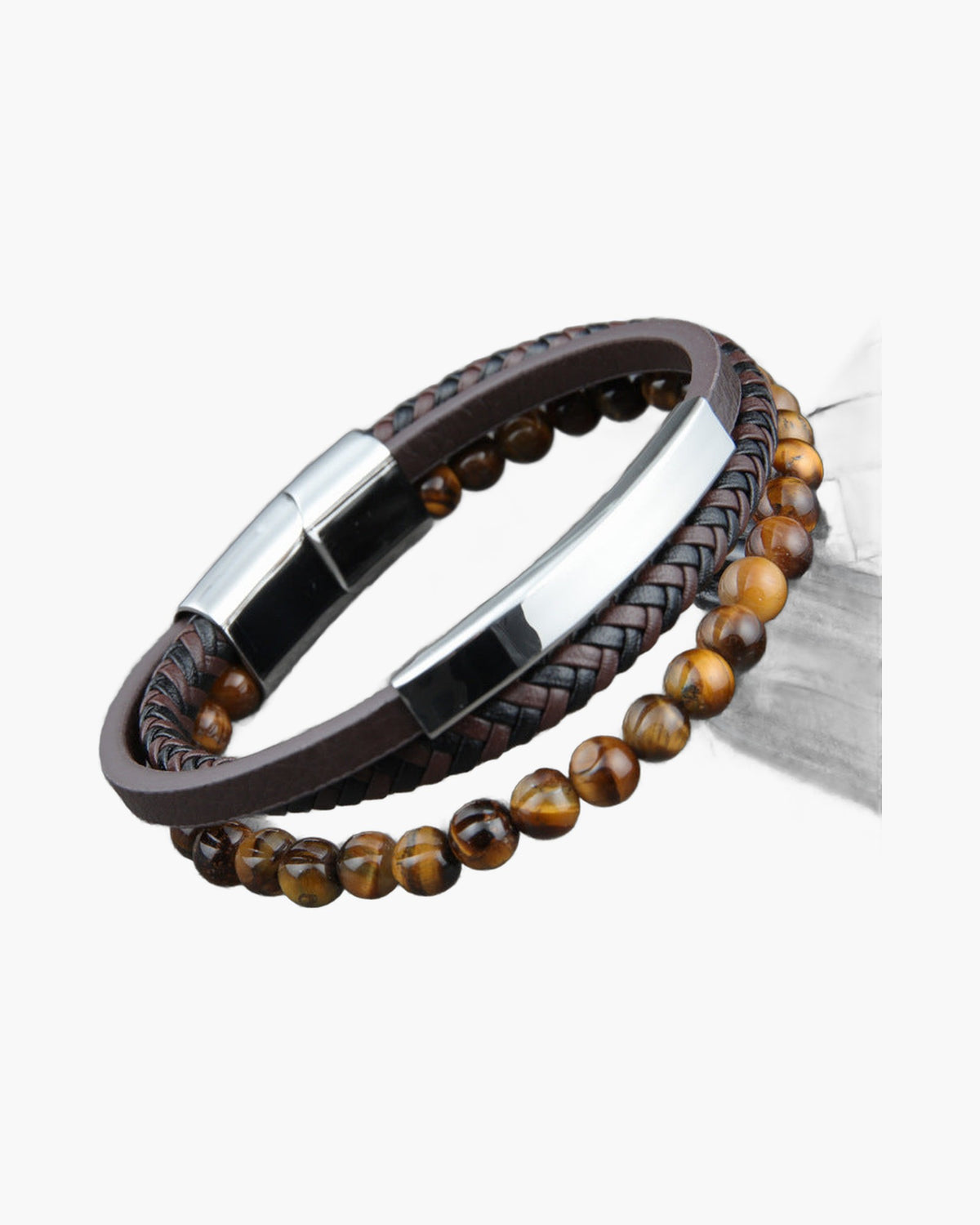Braided Leather Bead Bracelet - brown, tiger eye, magnetic clasp view 4