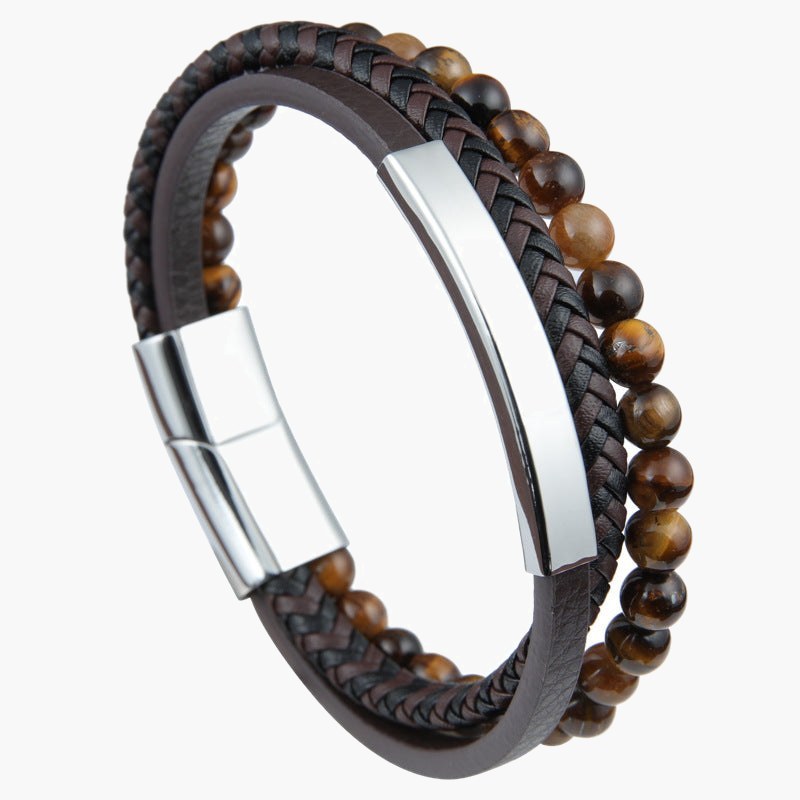 Braided Leather Bead Bracelet - brown, tiger eye, magnetic clasp