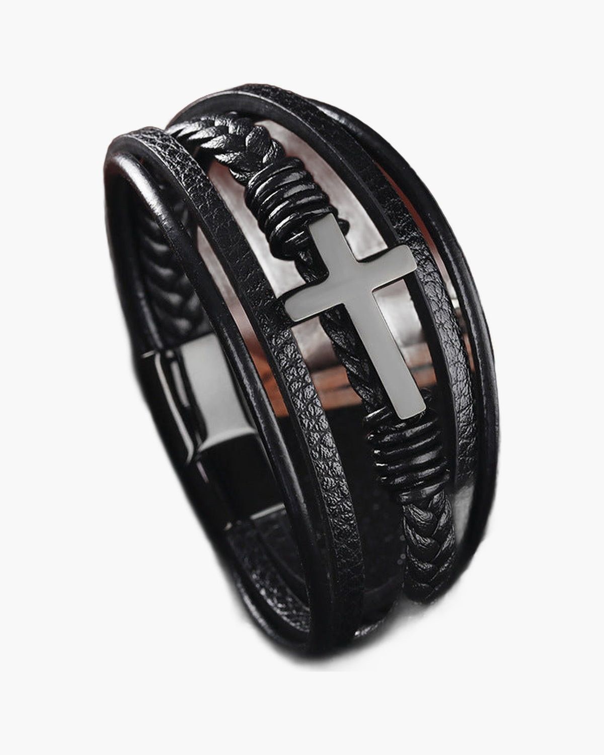 Braided Leather Cross Bracelet black finish view 3