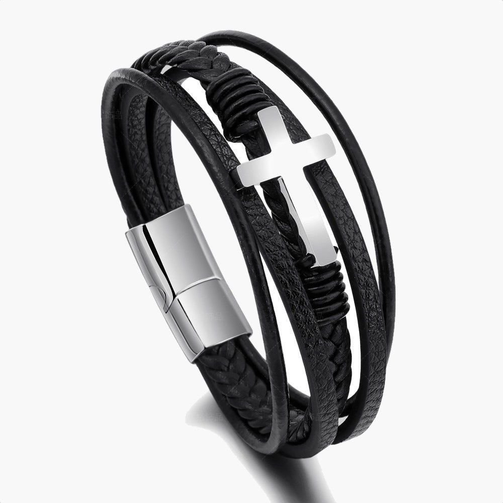Braided Leather Cross Bracelet black finish view 5