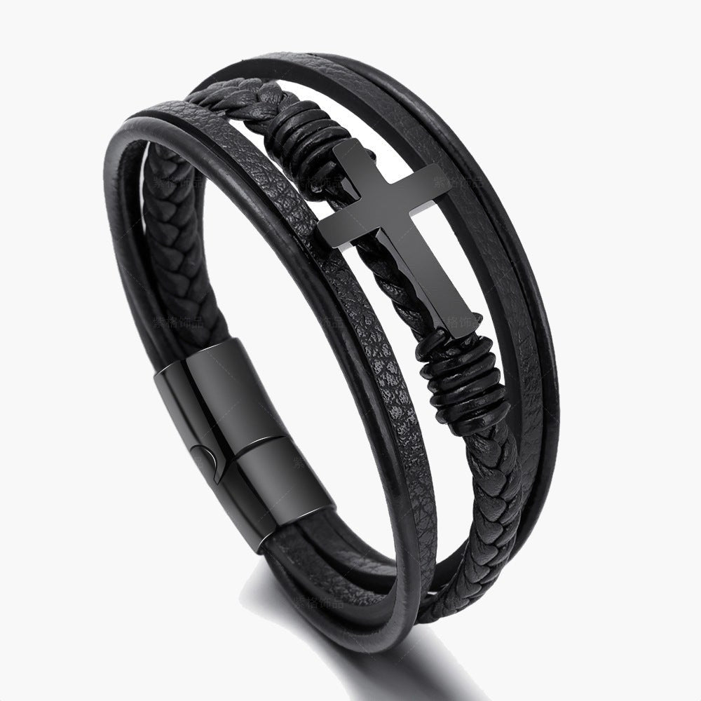 Braided Leather Cross Bracelet black finish