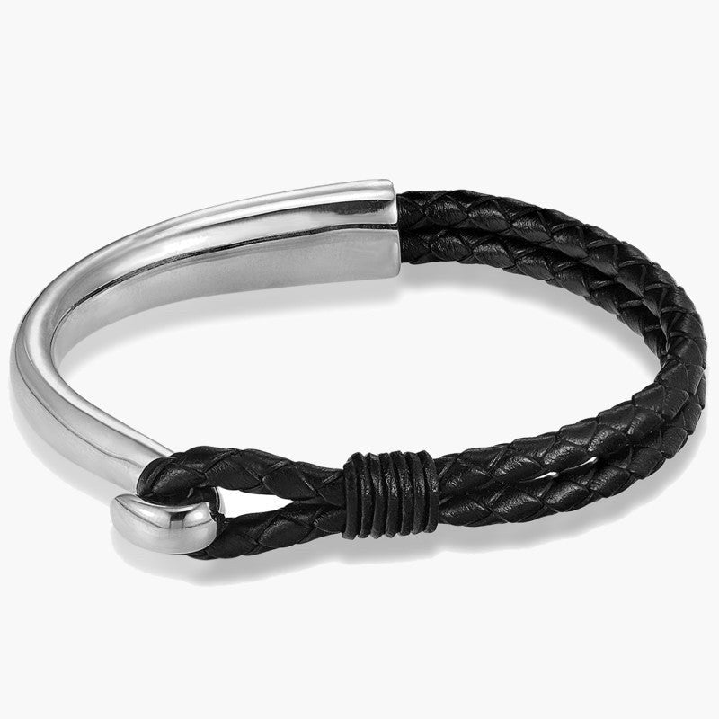 Braided Leather Curved Hook Bracelet in gold-tone and black view 5