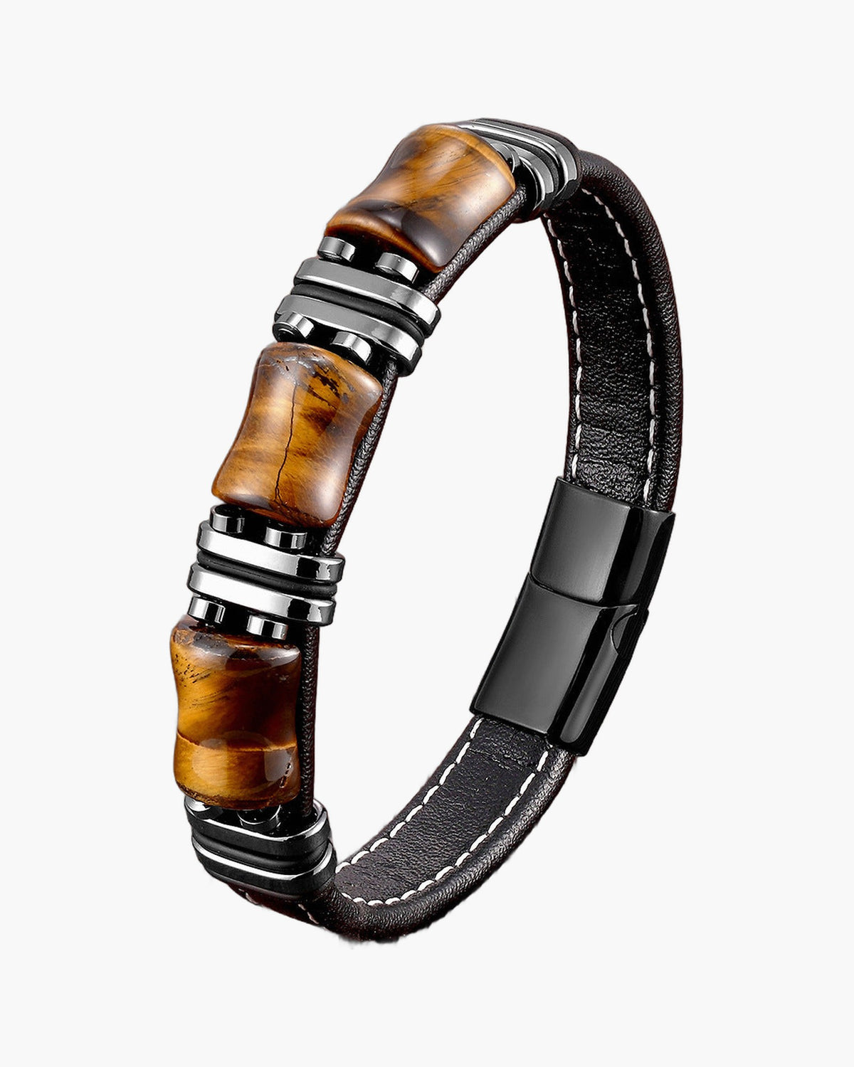 Braided Leather Gemstone Magnetic Bracelet with tiger eye stones view 4