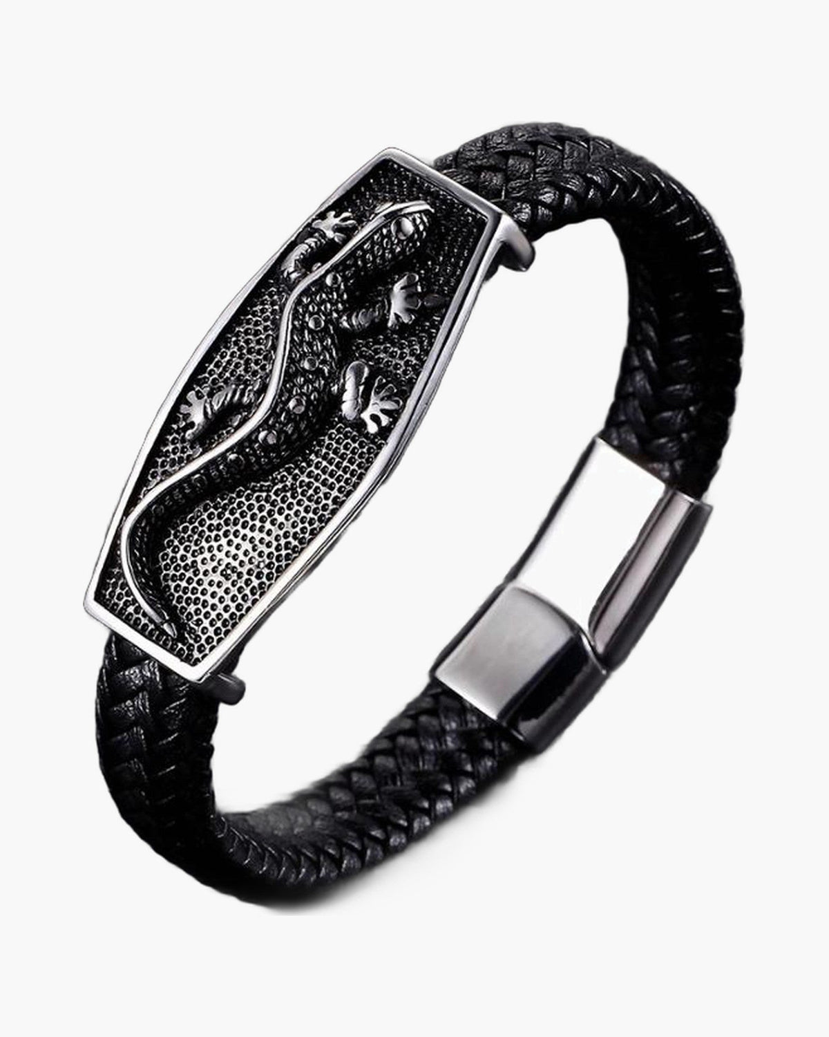 Braided Leather Lizard Plaque Bracelet with a raised lizard design view 2