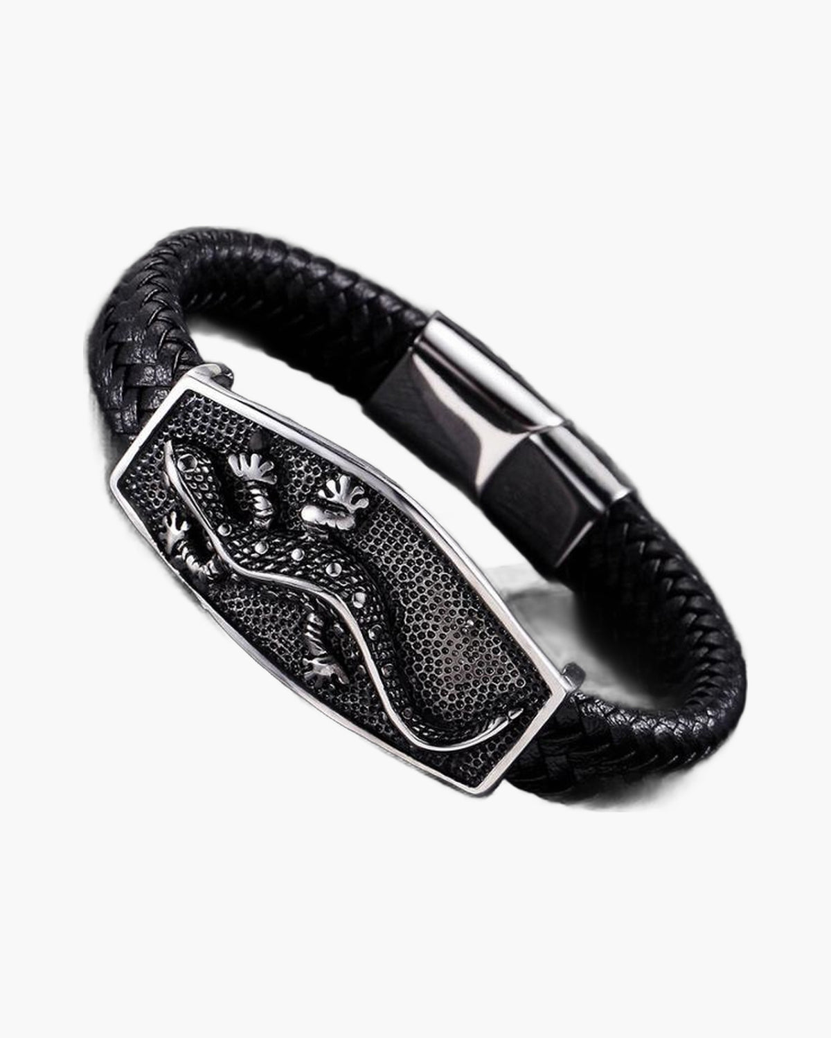 Braided Leather Lizard Plaque Bracelet with a raised lizard design view 3
