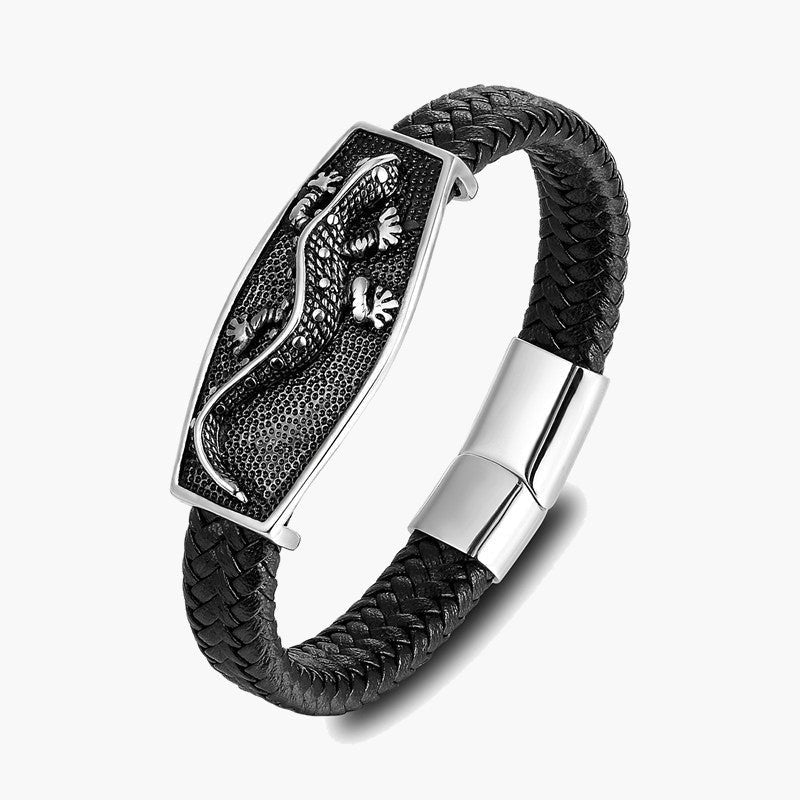 Braided Leather Lizard Plaque Bracelet with a raised lizard design