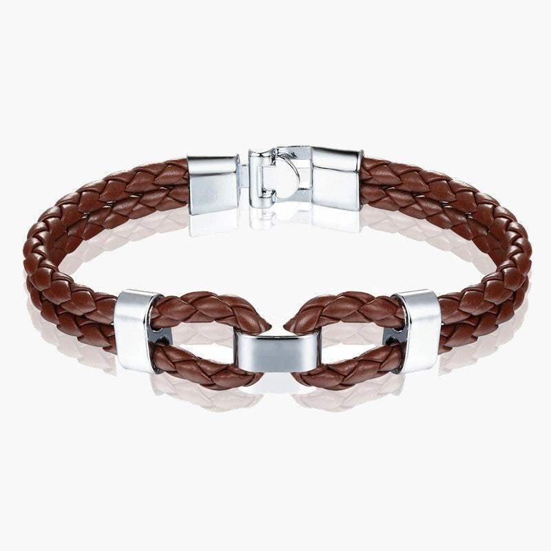Braided Leather Shackle Bracelet black leather silver hardware view 2