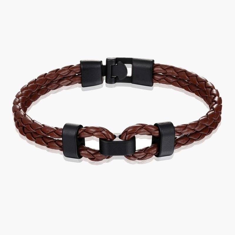 Braided Leather Shackle Bracelet black leather silver hardware view 4