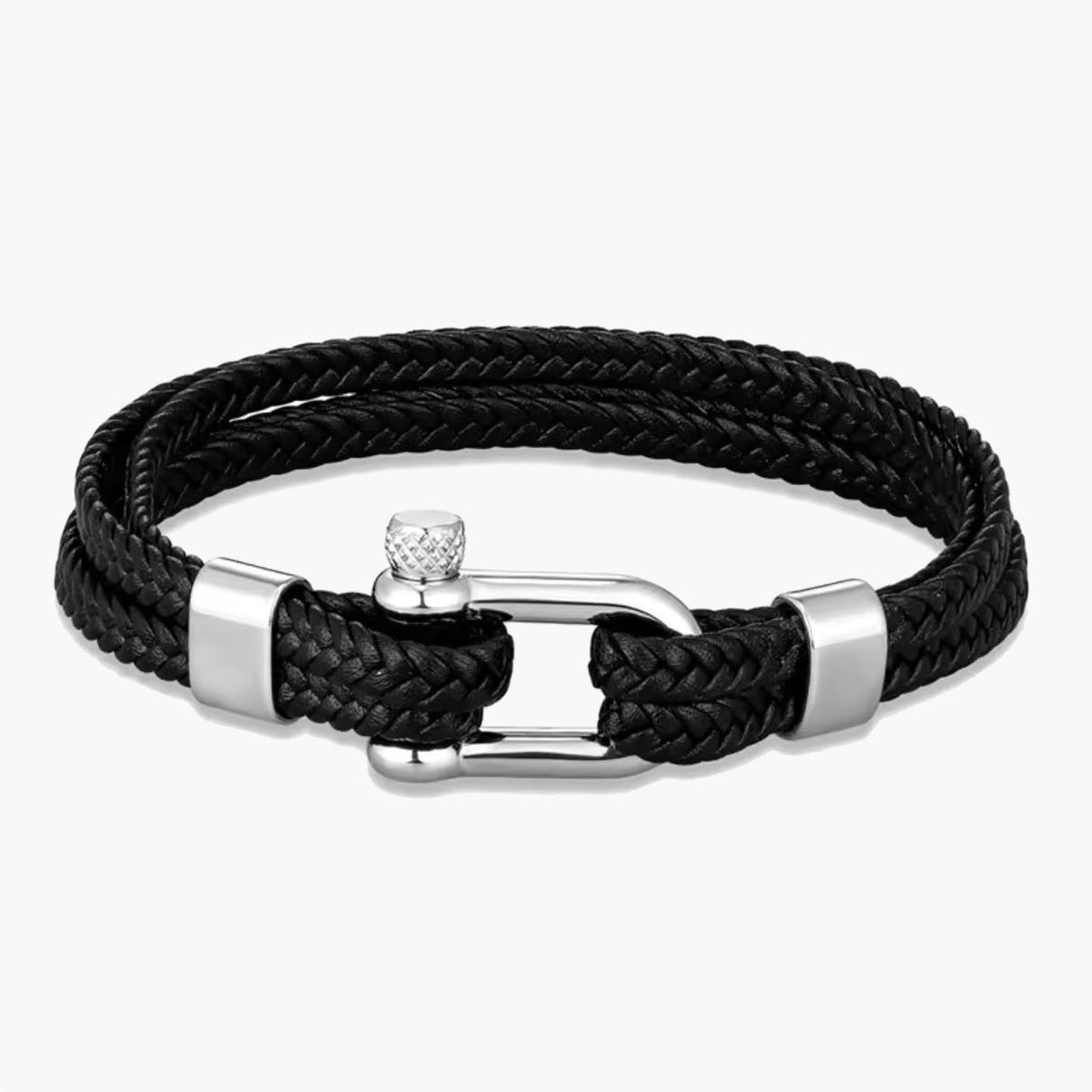 Braided Leather Shackle Bracelet with silver-tone clasp view 5