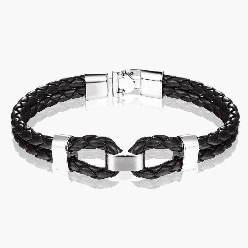 Braided Leather Shackle Bracelet black leather silver hardware