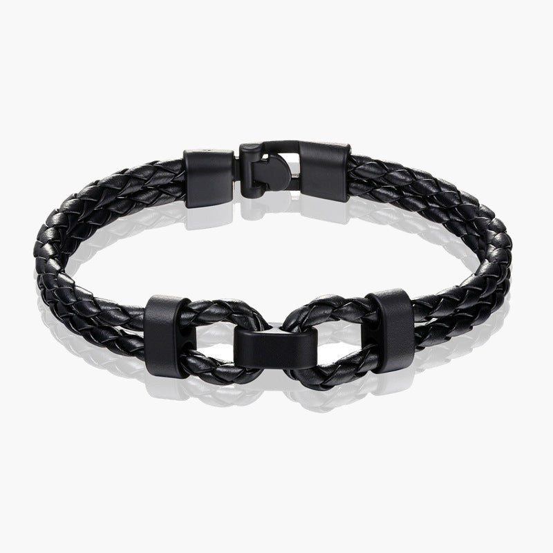 Braided Leather Shackle Bracelet black leather silver hardware view 3