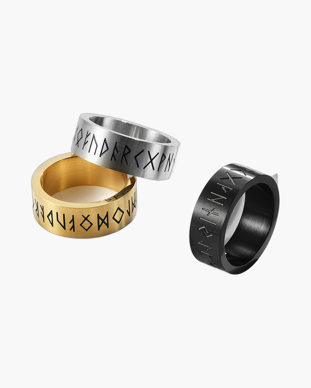 Brushed Stainless Steel Rune Ring - silver finish, etched symbols view 4