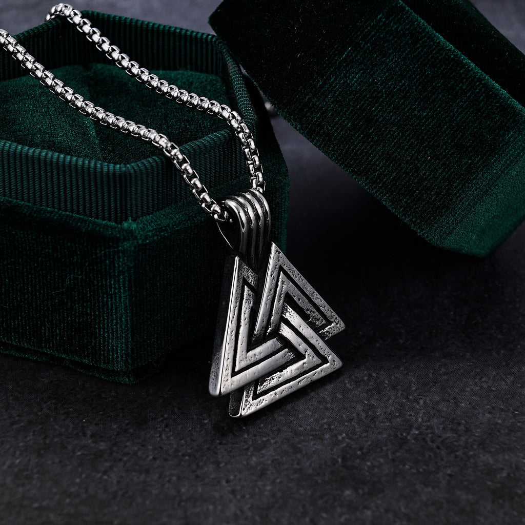 Stainless Steel Viking Triangle Pendant Necklace on white background view 3