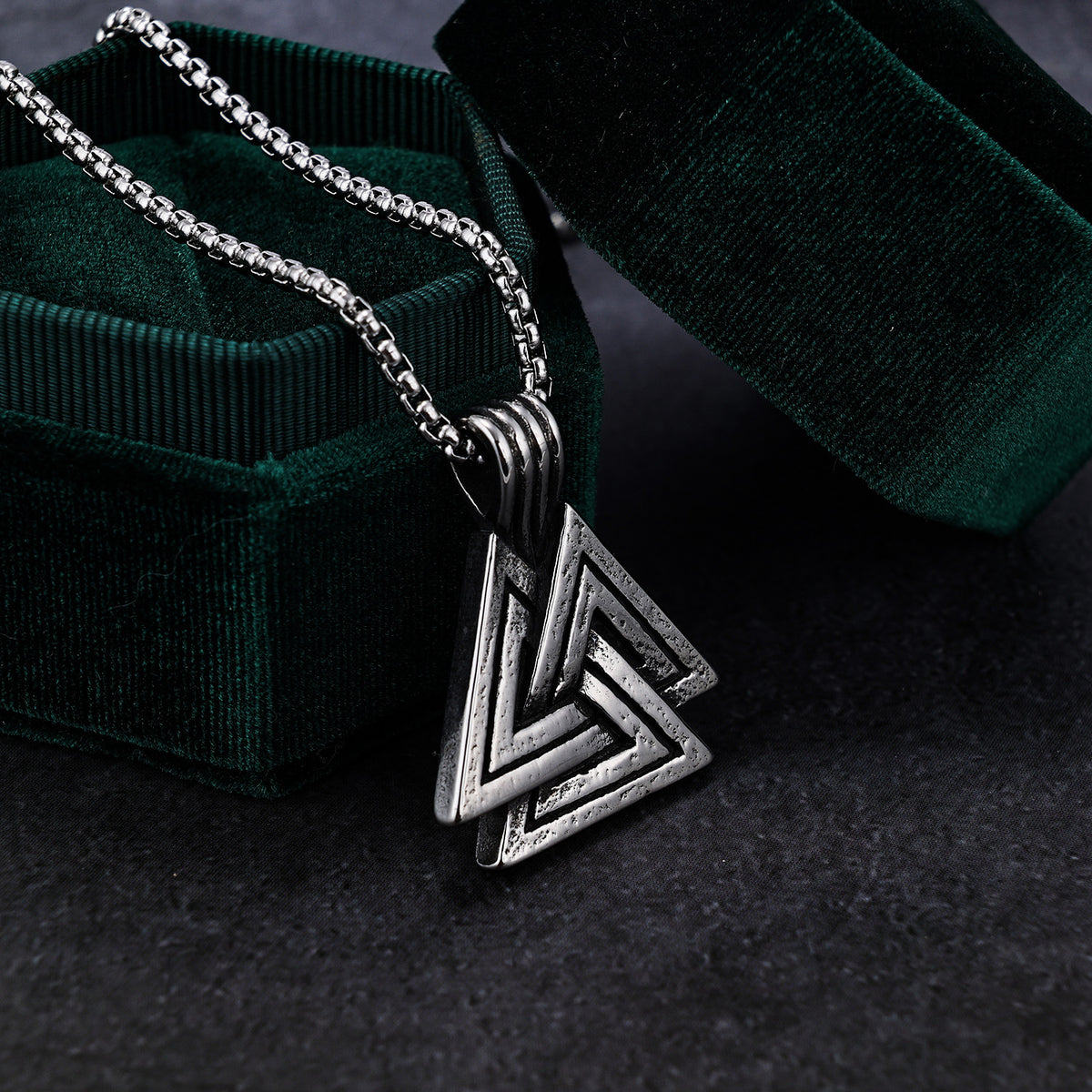 Stainless Steel Viking Triangle Pendant Necklace on white background view 3