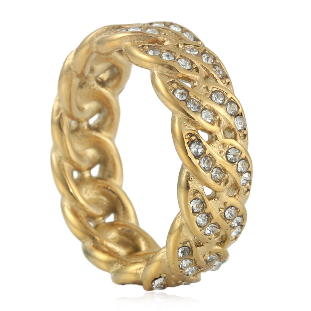 Titanium Steel Iced Cuban Link Ring, gold-tone with cubic zirconia