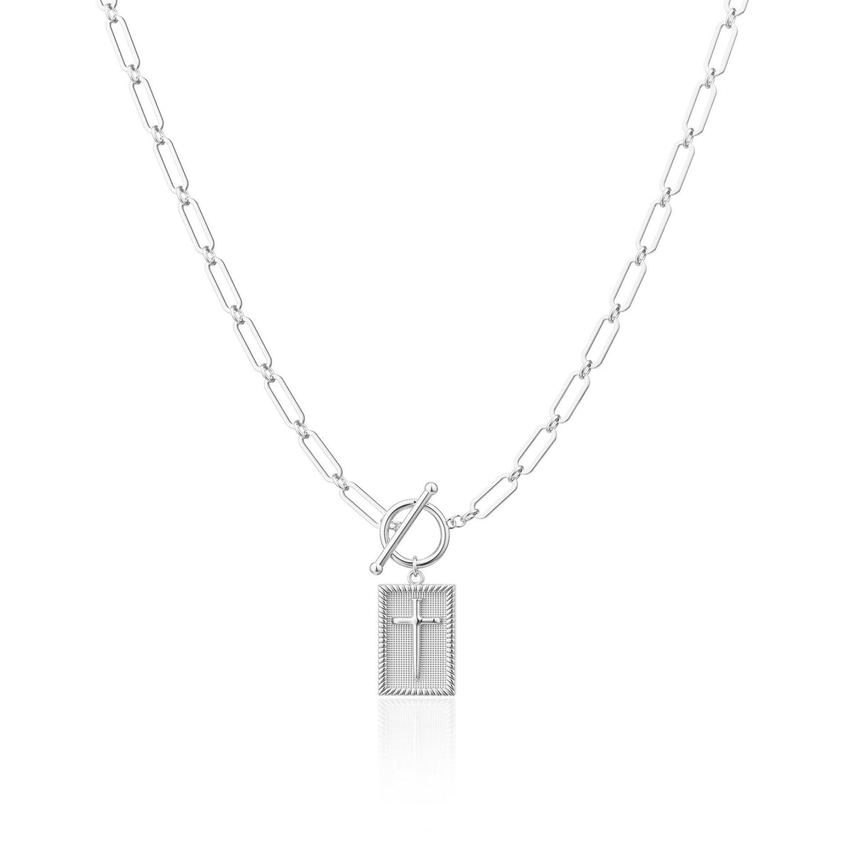 Paperclip Link Cross Tag Necklace silver-tone textured cross