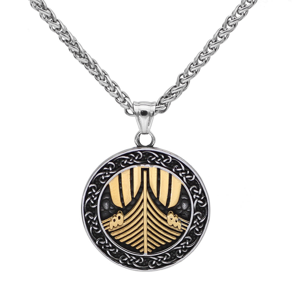 Stainless Steel Viking Longship Pendant Necklace with gold-tone finish