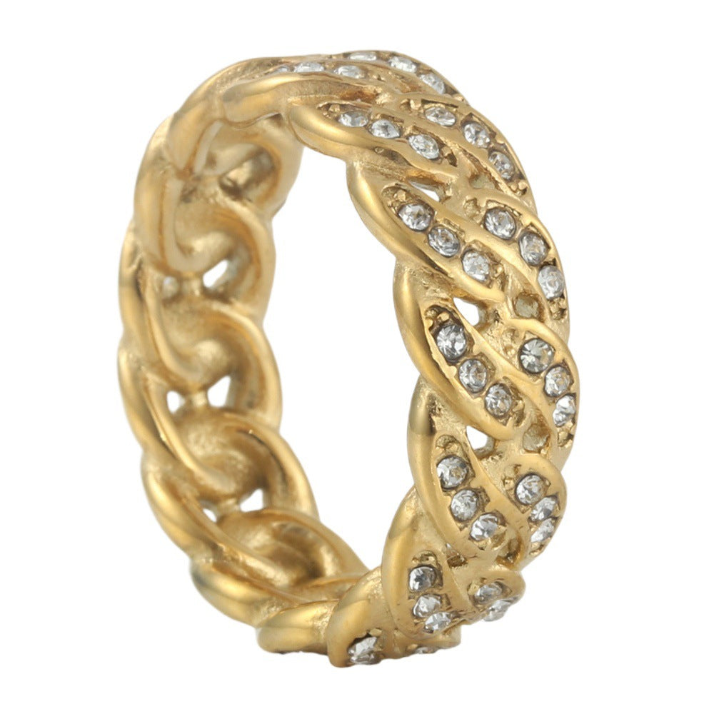 Titanium Steel Iced Cuban Link Ring, gold-tone with cubic zirconia view 3