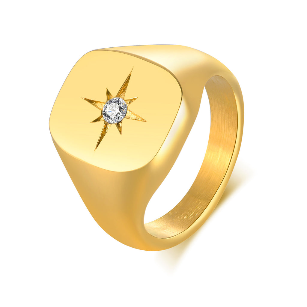 Gold-Tone Star Signet Ring, square face, starburst design view 2