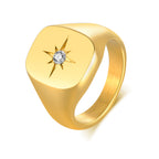 Gold-Tone Star Signet Ring, square face, starburst design view 2