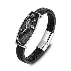 Braided Leather Lizard Plaque Bracelet with a raised lizard design