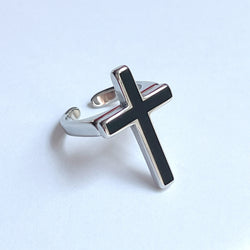 Stainless Steel Cross Adjustable Ring with black inlay