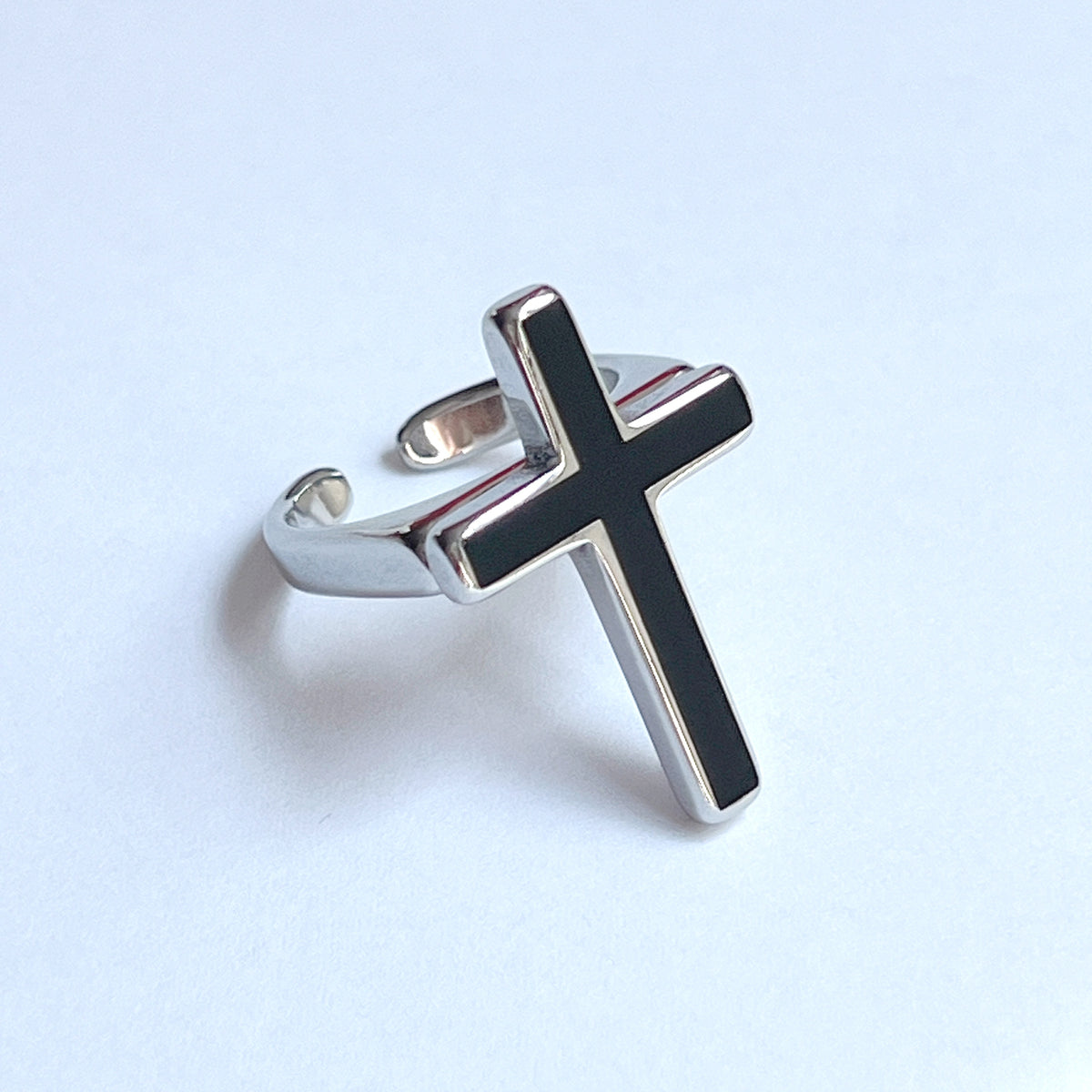 Stainless Steel Cross Adjustable Ring with black inlay