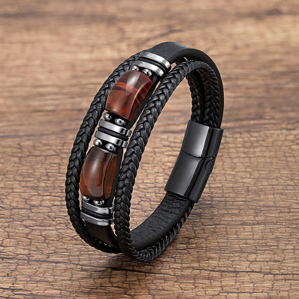 The Multi-Strand Leather and Tiger Eye Bracelet, view 4