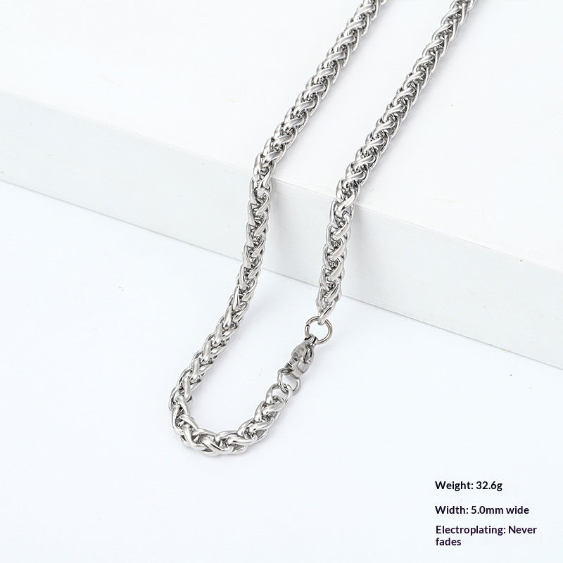 Titanium Steel Wheat Chain Necklace gold-tone on white background view 7