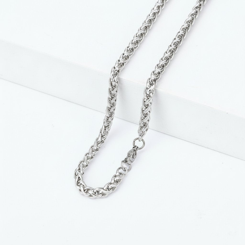 Titanium Steel Wheat Chain Necklace gold-tone on white background view 7