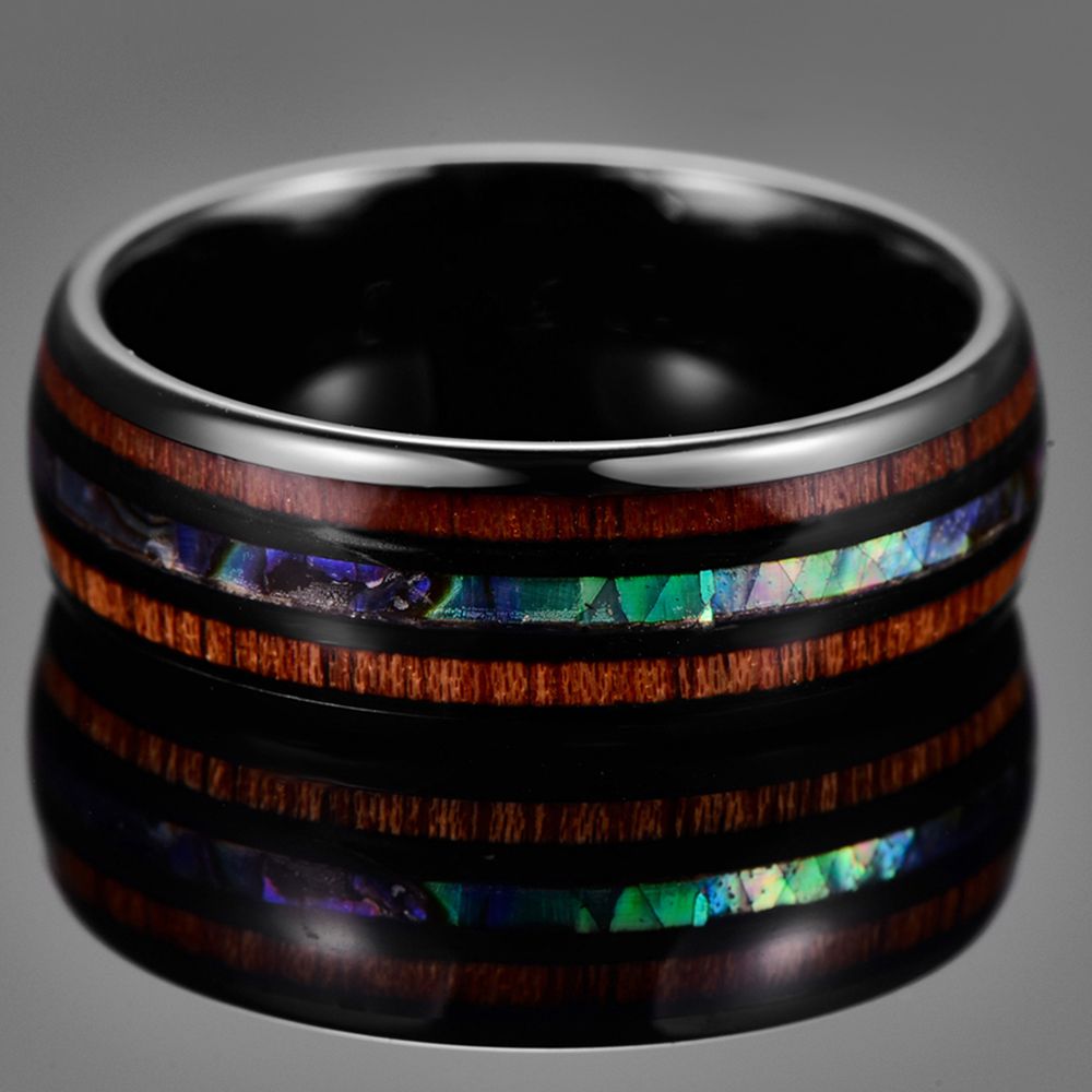 Black Tungsten Wood Abalone Band ring with wood and abalone shell inlay view 2