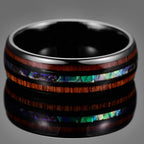 Black Tungsten Wood Abalone Band ring with wood and abalone shell inlay view 2