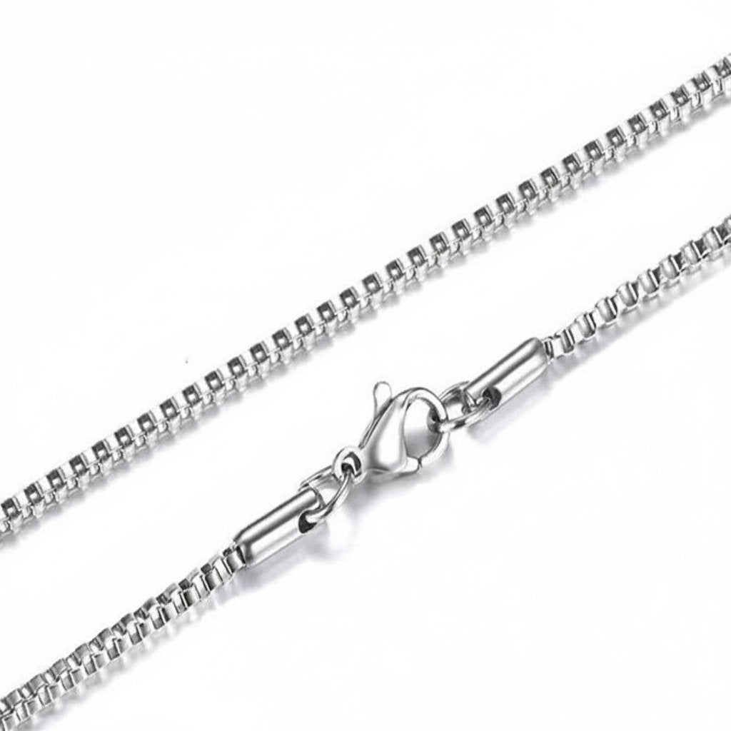 Minimalist Stainless Steel Box Chain on neck view 7