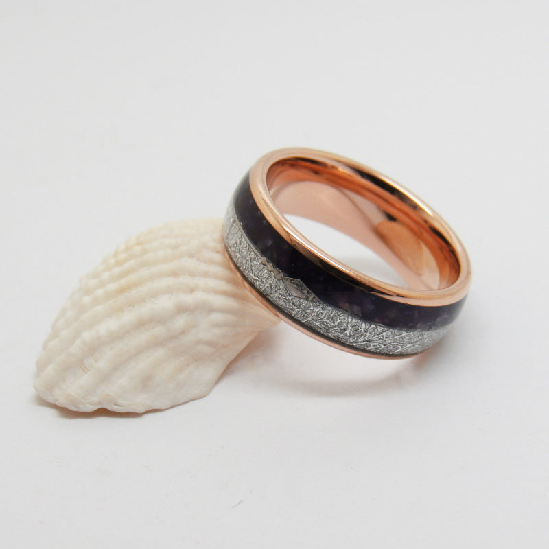 Rose Gold Tungsten Carbide Inlaid Ring with purple lapis lazuli and silver-tone inlay view 2